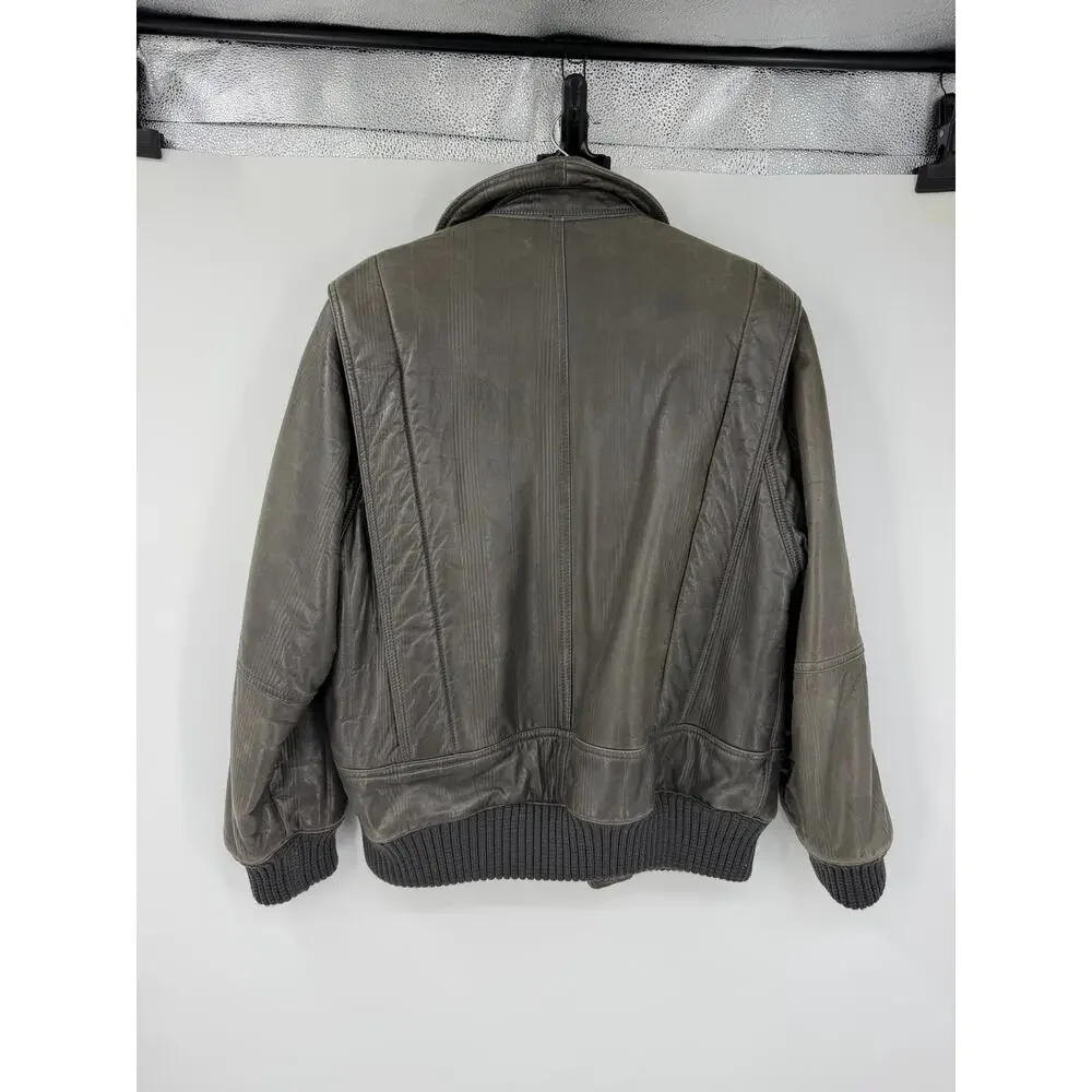 Vintage Basile Italy Mens M Gray Leather Bomber Jacket 90s Designer Moto